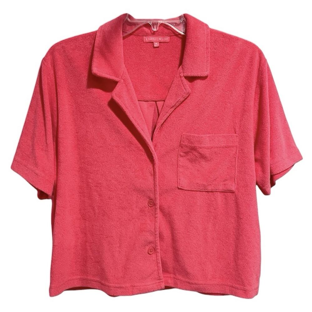 Z Supply Resort Loop Terrycloth Button Top Medium Strawberry Pink Beach Vaca